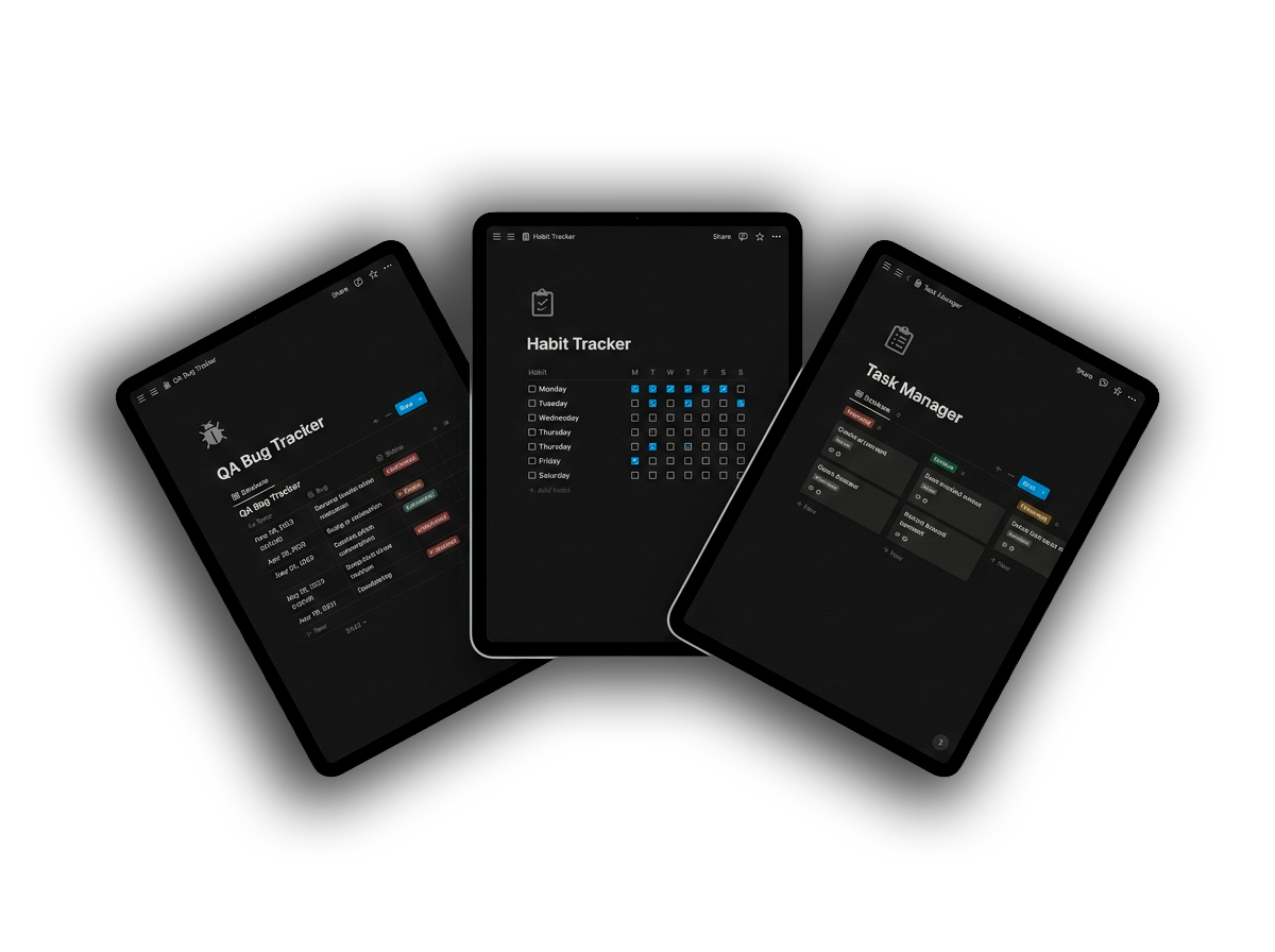 Três iPads mostrando templates Notion: QA Bug Tracker, Habit Tracker e Task Manager