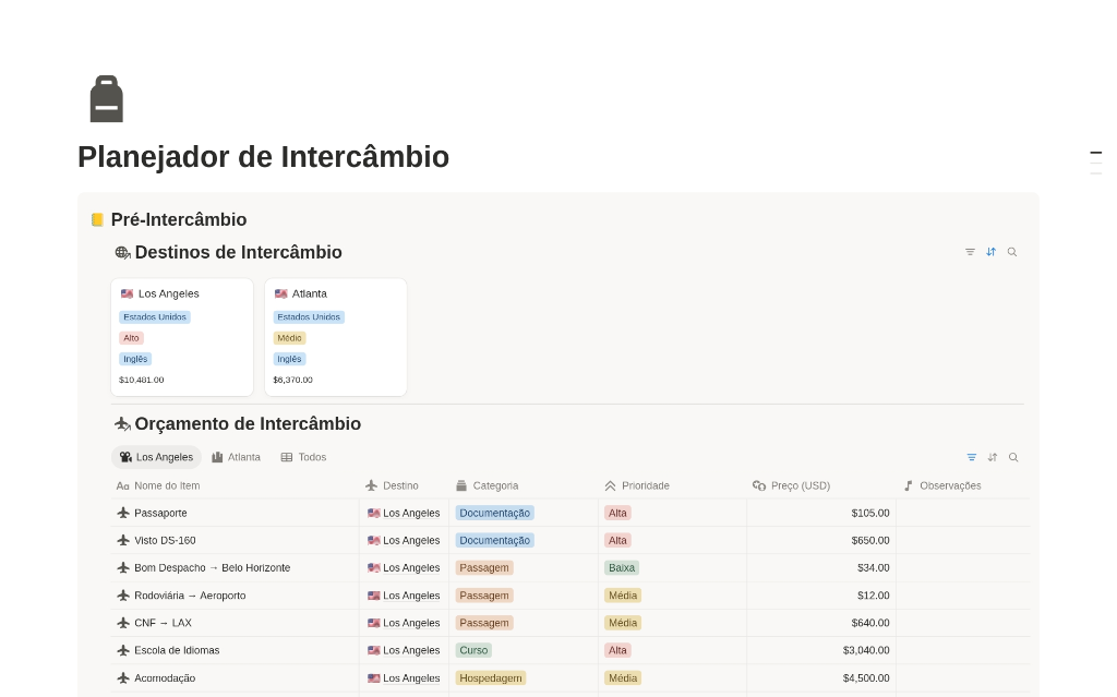 Preview de Planejador de Intercâmbio